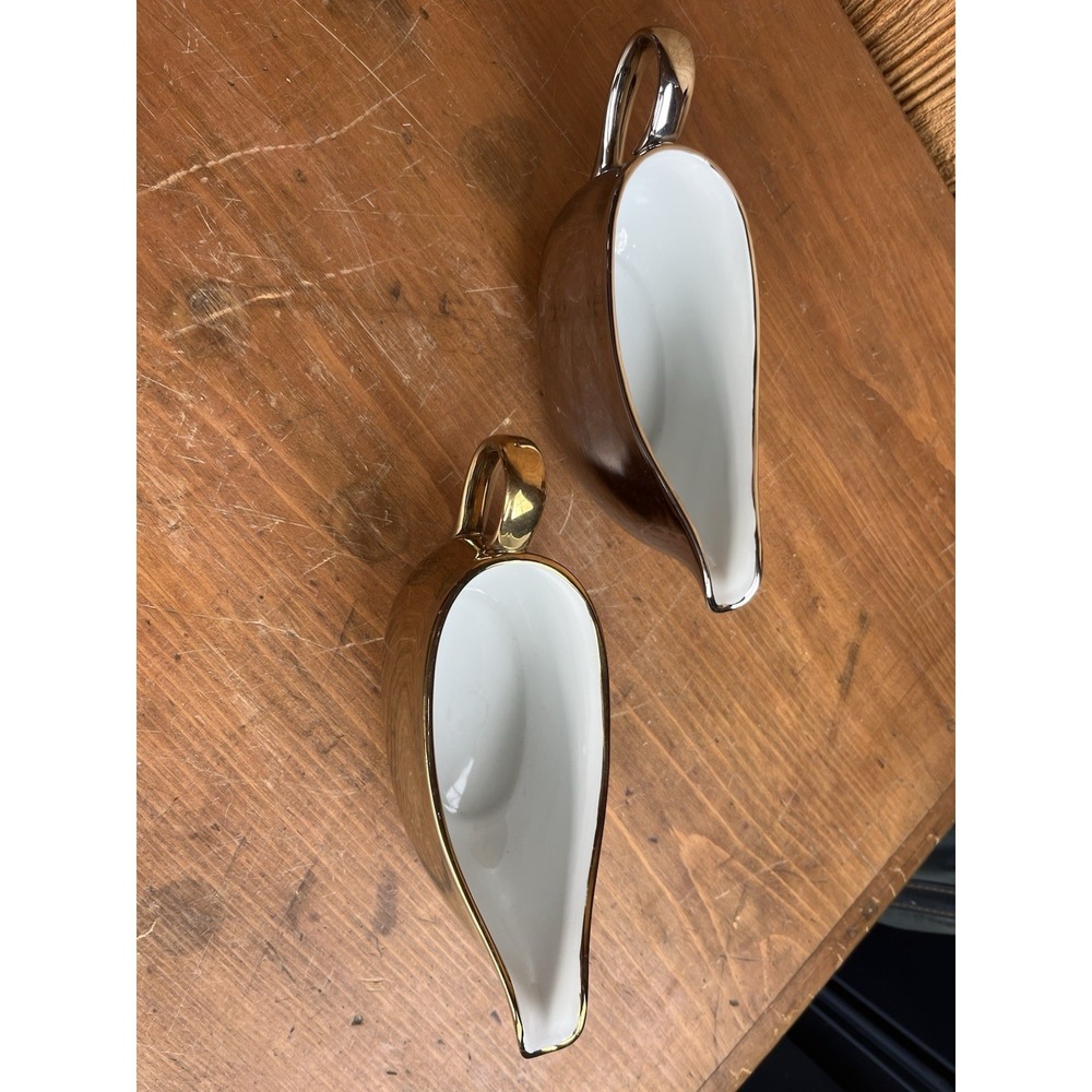 Christmas Tree Shops Ceramic Gold & Silver Gravy Boat Set of 2 Glossy Handles